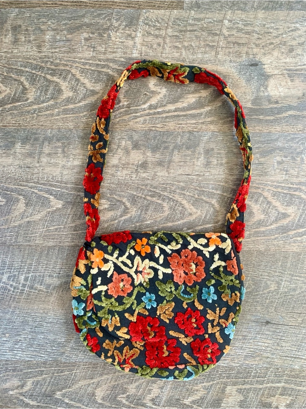 Floral Vintage Rare Embroidered Velvet Crossbody Bag - Black Multi
